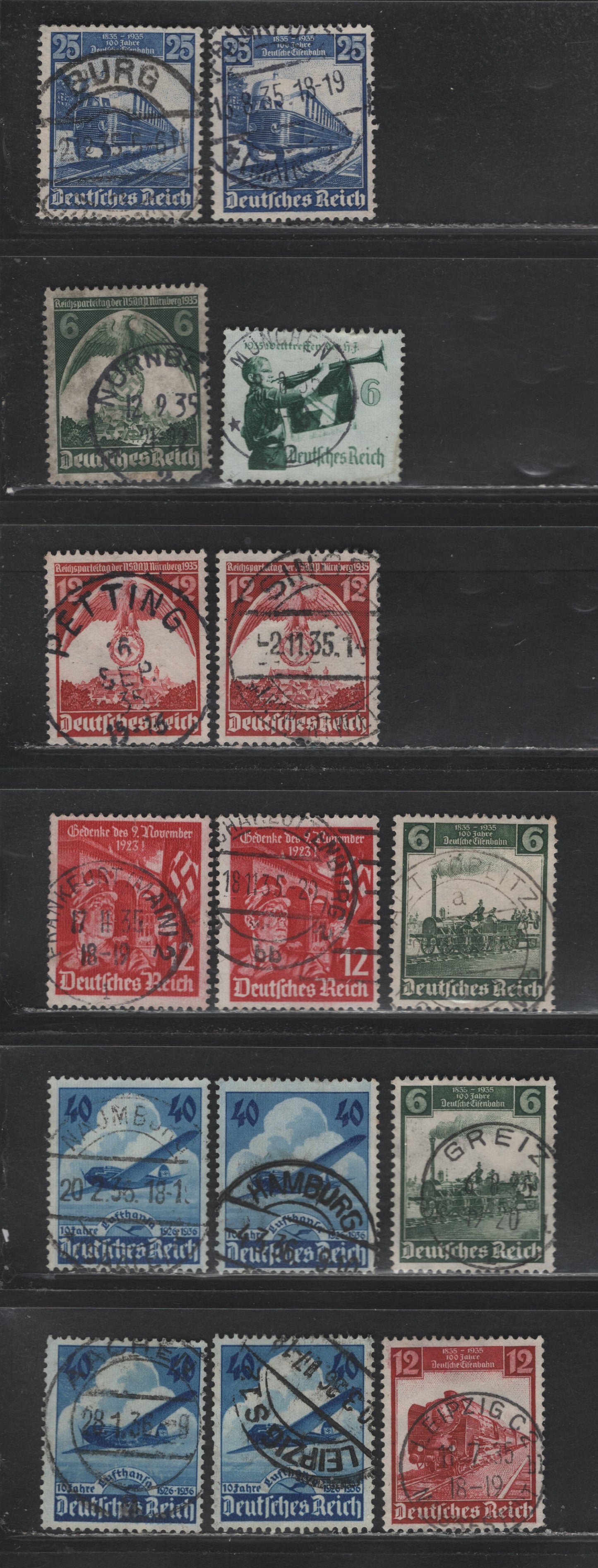 Lot 179 Germany SC#459/469 (580/603) 6pf - 40pf Dark Green - Dark Ultramarine , 1935-1936 German Railway Centenaru - Lufthanda 10th Anniv Issues, 15 Fine/Very Fine Used Singles, All With Readable, SON Town Cancels