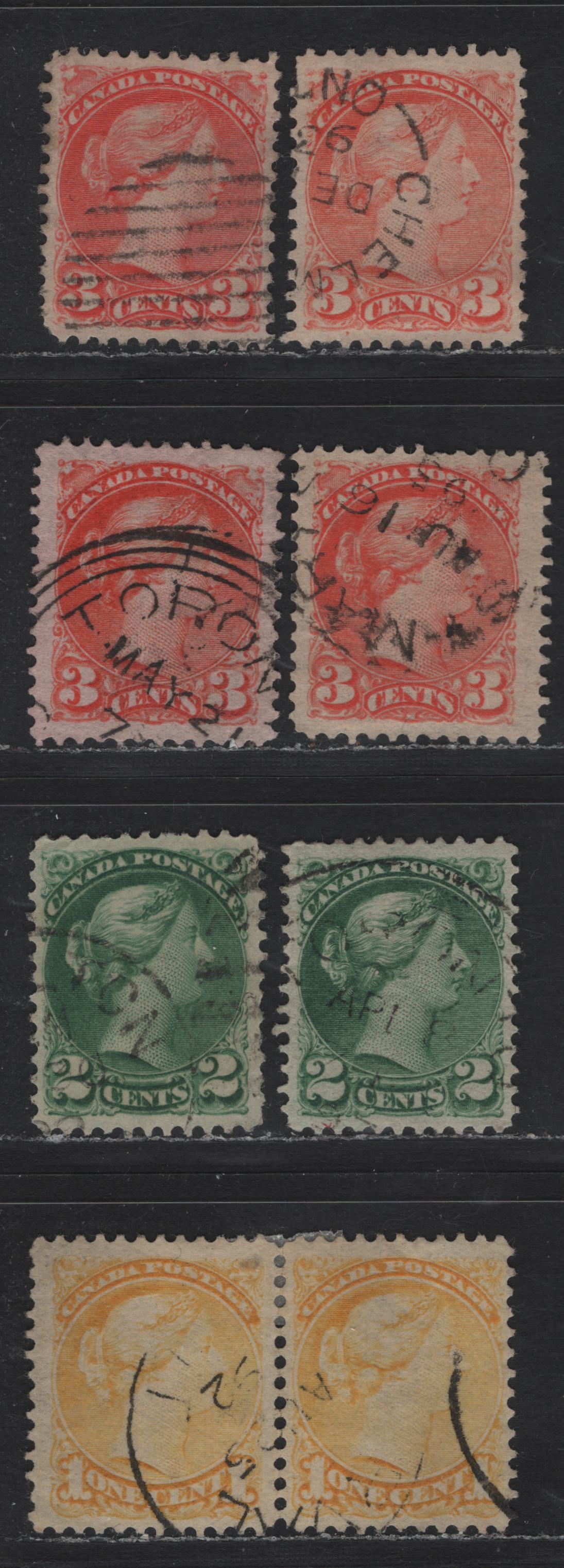 Lot 18 (C) Canada #35, 41, 36i 1c - 2c Bright Lemon Yellow - Dull Green Queen Victoria, 1870-1897 Small Queen Issue, 7 Fine/Very Fine Used Singles, Second Ottawa Printings, Horizontal & Vertical Wove Papers, Unchecked As To Specific Perfs.