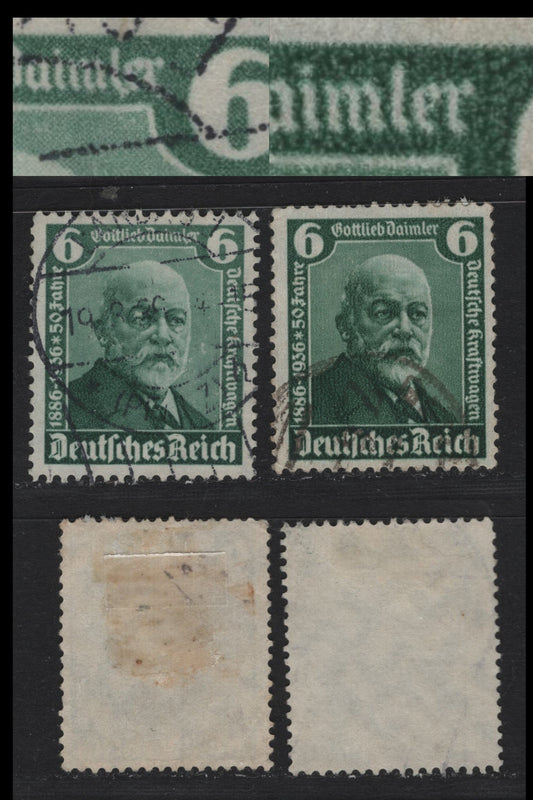 Lot 180 Germany SC#470var (604,604i) 6pf Dark Green, 1936 50th Anniv of Automobile Issue, 2 Very Fine Used Singles, One Normal & One Having The 'IE' of Dalimer Being Askew & Joined