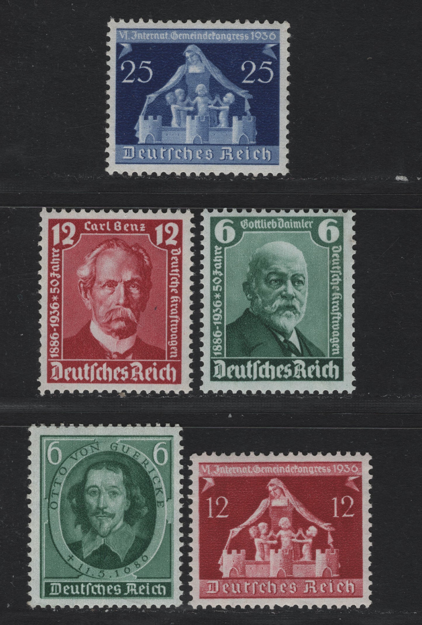 Lot 182 Germany SC#470-472, 475-476 (604-620) 6pf - 25pf Dark Green - Deep Ultramarine , 1936 50th Anniv of Automobile - Int'l Congress of Municipalities Issues, 5 VFNH Singles