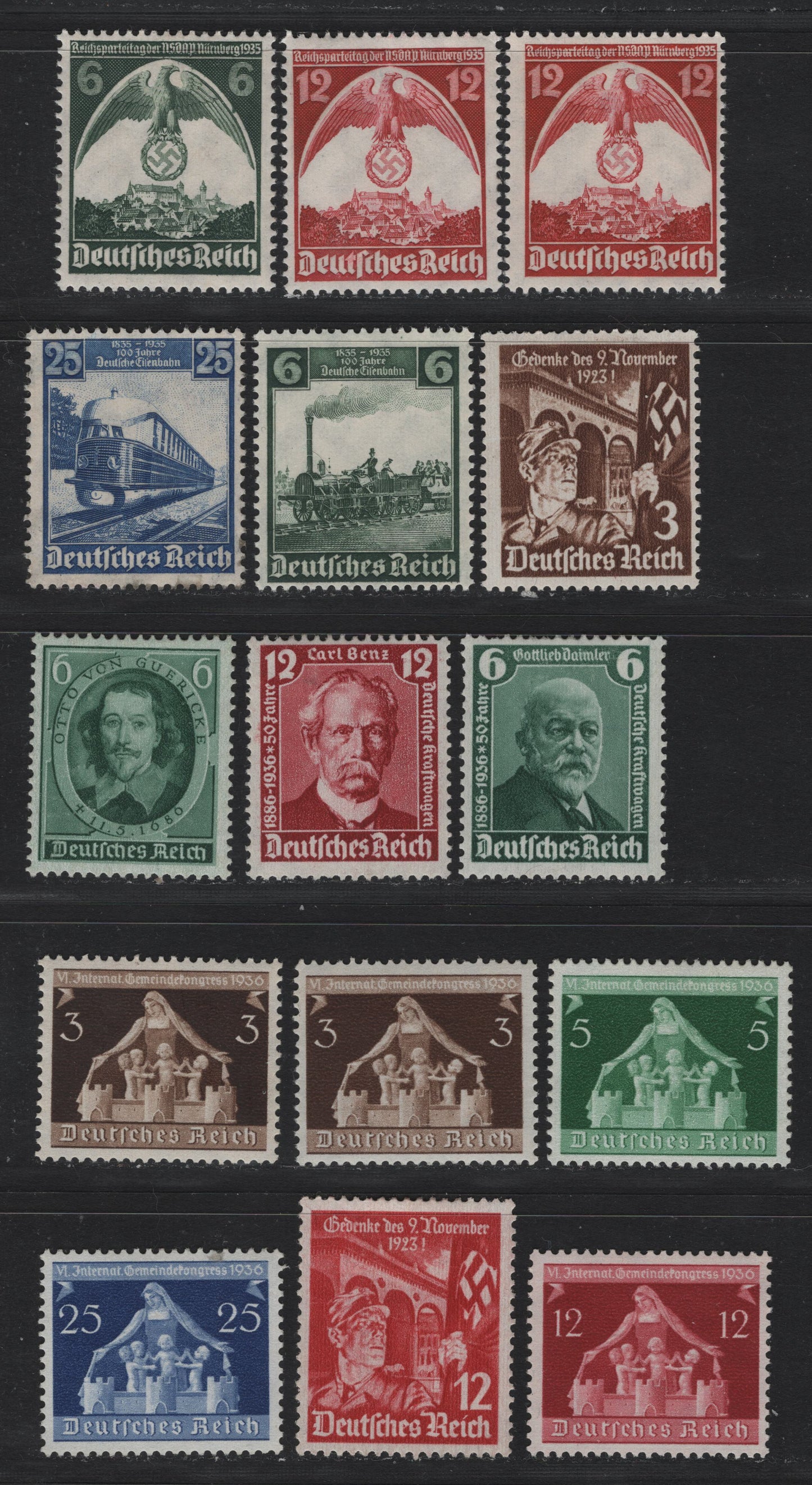 Lot 183 Germany SC#459/476 (580/620) 6pf - 25pf Dark Green - Dark Ultramarine , 1935-1936 Railway Centenary - Congress Of Municipalities Issues, 15 F/VFOG Singles, With Some Shade Varieties