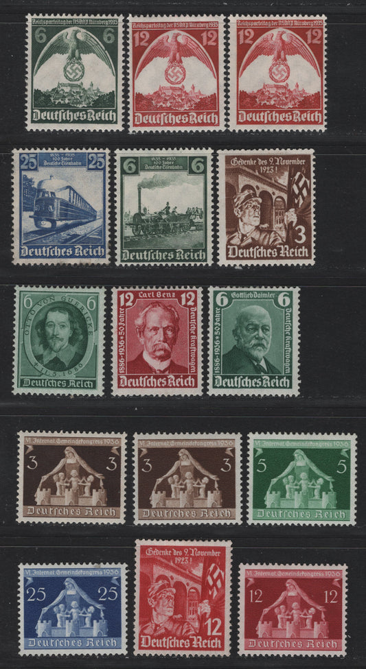 Lot 183 Germany SC#459/476 (580/620) 6pf - 25pf Dark Green - Dark Ultramarine, 1935-1936 Railway Centenary - Congress Of Municipalities Issues, 15 F/VFOG Singles, With Some Shade Varieties