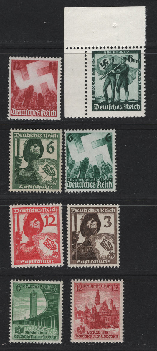 Lot 184 Germany SC#479-483, 485, 487-488 (632-633, 643-645, 663, 666-667) 6pf - 12pf Green - Copper Red, 1936-1938 Nazi Congress - Gymnastic & Sports Festival Issues, 8 F/VFNH Singles
