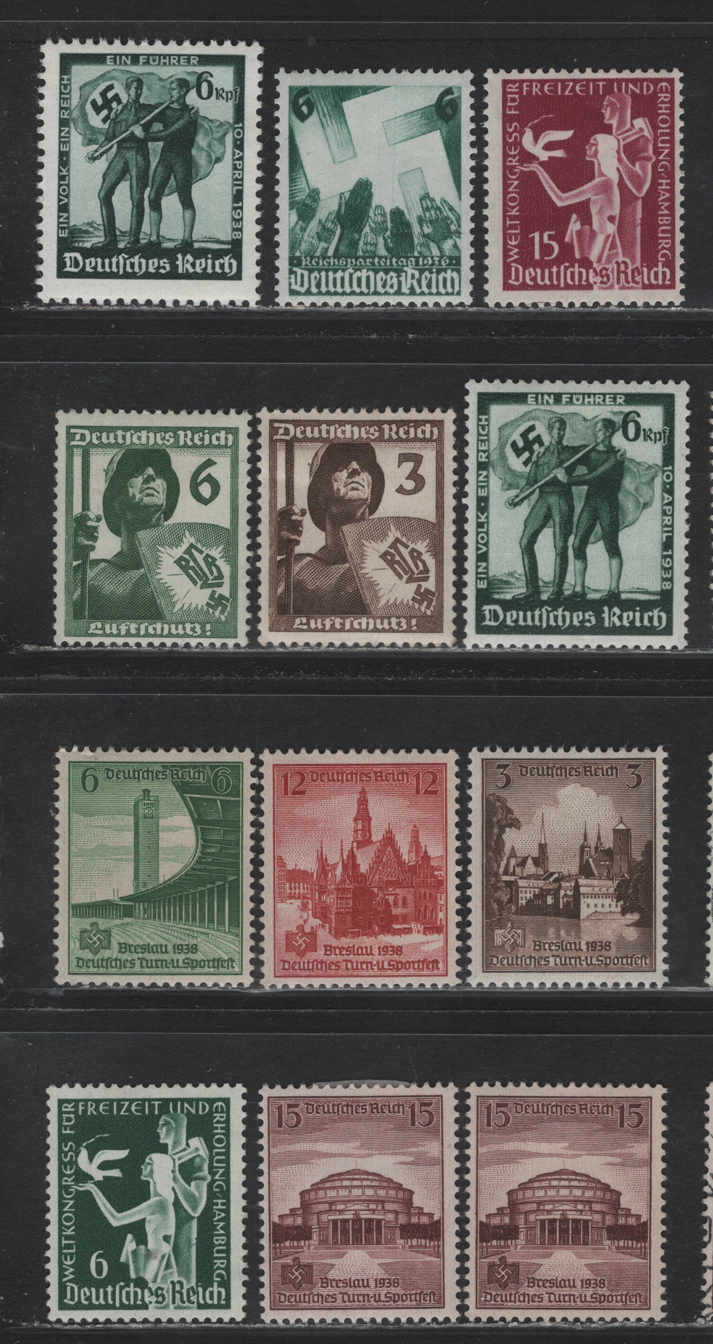 Lot 185 Germany SC#477-479, 481-482, 484-487 (622/668) 6pf - 15pf Dark Green - Violet Brown , 1936-1938 World Congress for Vacation & Recreation - Gymnastic & Sports Fesival Issues, 12 F/VFOG Singles, Two Shades Of 15pf