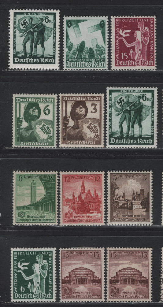 Lot 185 Germany SC#477-479, 481-482, 484-487 (622/668) 6pf - 15pf Dark Green - Violet Brown, 1936-1938 World Congress for Vacation & Recreation - Gymnastic & Sports Fesival Issues, 12 F/VFOG Singles, Two Shades Of 15pf