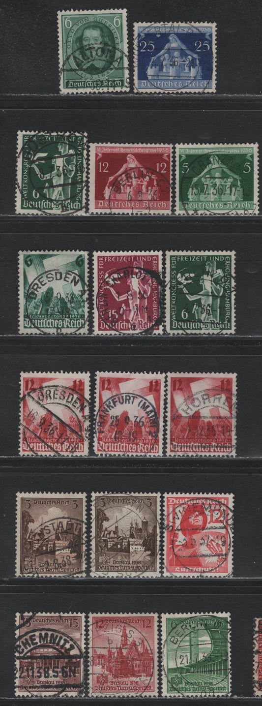 Lot 187 Germany SC#472/489(608/668) 6pf - 15pf, 1936-1938 Otto Von Guericke - Gymnastics & Sports Festival Issues, 17 Fine/Very Fine Used Singles, All With Dated & Readable CDS Town Cancels