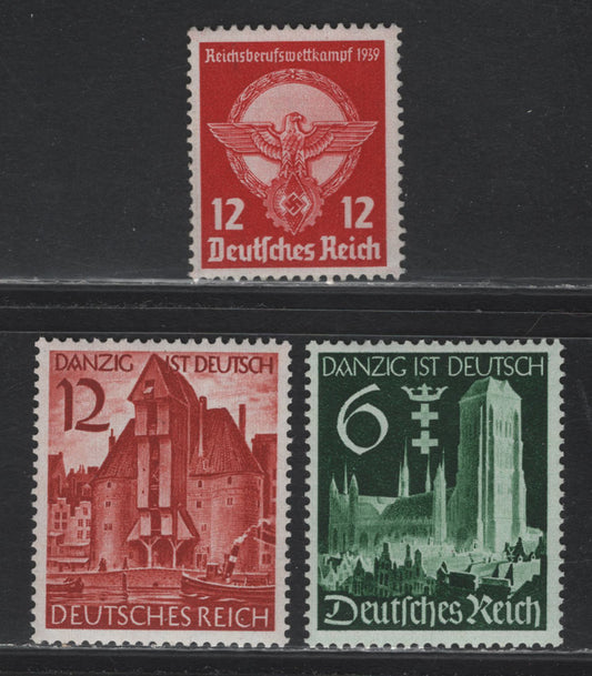 Lot 189 Germany SC#491-493 (690, 714-715) 12pf Deep Carmine - Orange Red, 1939 Young Worker's Professional Corporations - Unification of Danzig Issues, 3 VFOG/NH Singles, 12pf Carmine Appears To Be Either Regummed Or Brushed to Appear NH