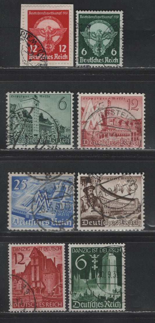 Lot 190 Germany SC#490-497 (689-690, 714-715, 739-742) 6pf - 25pf Dark Green - Ultramarine, 1939-1940 Young Workers Professional Corporations - Leipzig Fair Issues, 8 Fine/Very Fine Used Singles