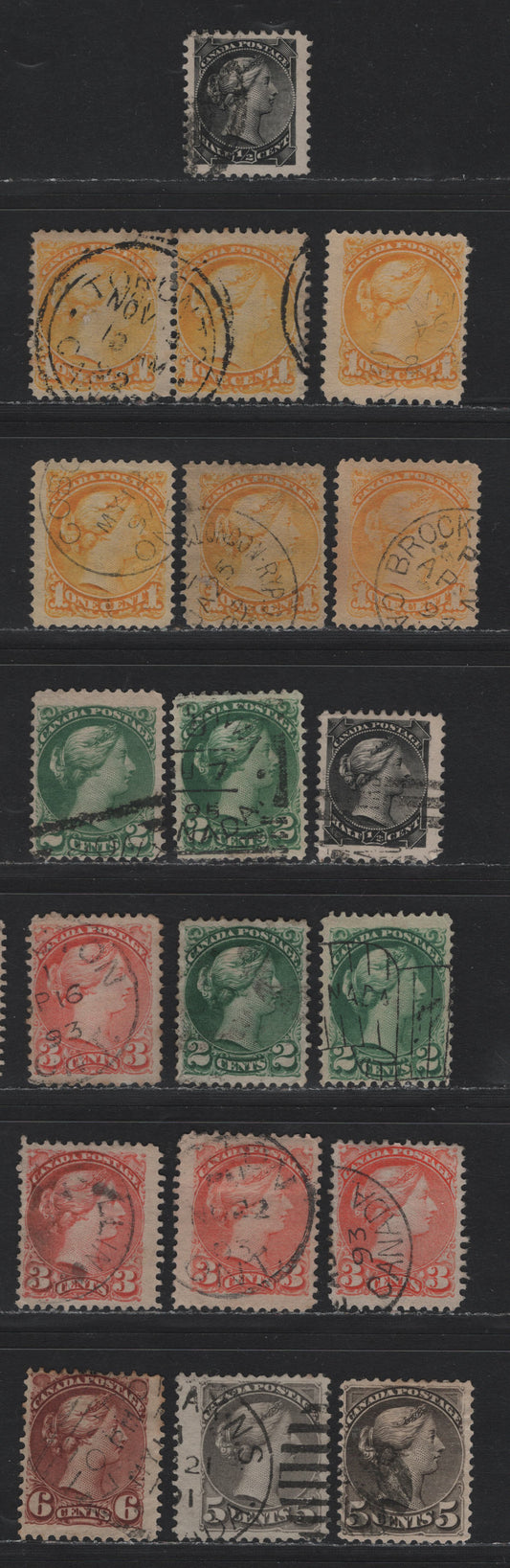 Lot 19 Canada #35, 36i, 34, 41-43 1/2c - 6c Black - Red Brown Queen Victoria, 1870-1897 Small Queen Issue, 19 Ungraded Used Singles, Study Group Of Predominatly Fine Used Examples, Completely Unchecked As To Paper & Perf