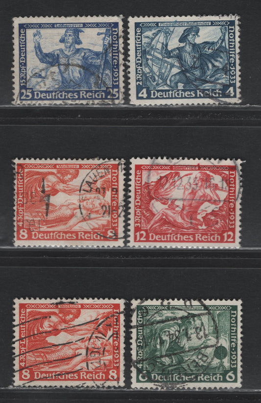 Lot 191 Germany SC#B50, B52-B54, B53a, B56 (500A, 502A, 503A-B, 504A, 505A) 4pf+2pf - 12pf+3pf Dark Blue - Brown Red, 1933 Wagner Issue, 6 Good - Very Fine Used Singles, Includes Both Perfs Of the 8+4pf, All Others Are Perf 13.5x14