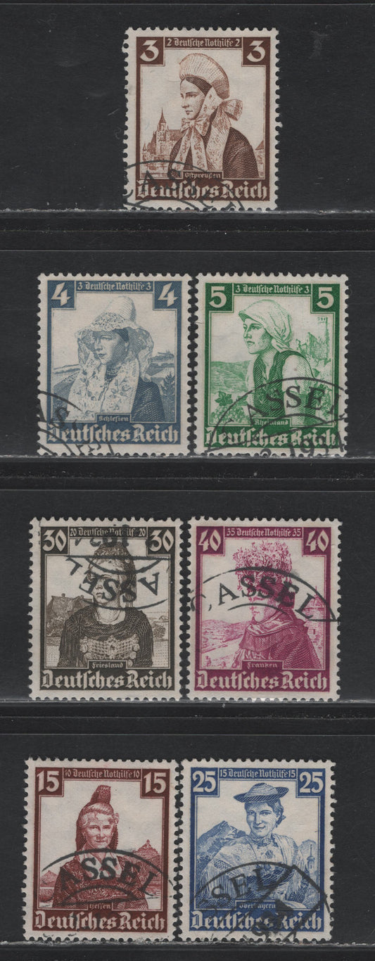 Lot 196 Germany SC#B69-B71, B75-B78 (588-590, 594-597) 3pf+2pf - 40pf+35pf Dark Brown - Plum, 1935 Costumes Semi Postal Issue, 7 Very Fine Used Singles, All With What Appears To Be A Forged Cassel CDS Cancel