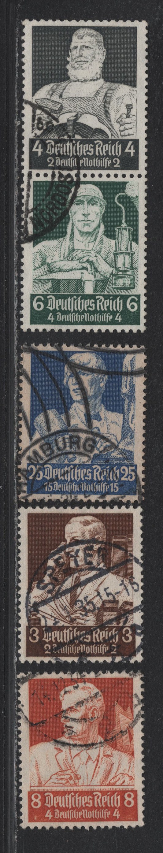 Lot 197 Germany SC#B59-B60, B62-B63, B66 (556, 560, 563) 3pf+2pf - 6pf+4pf Brown - Dull Green, 1934 Professions Semi Postal Issue, 5 Very Fine Used Singles & Vertical Booklet Pair