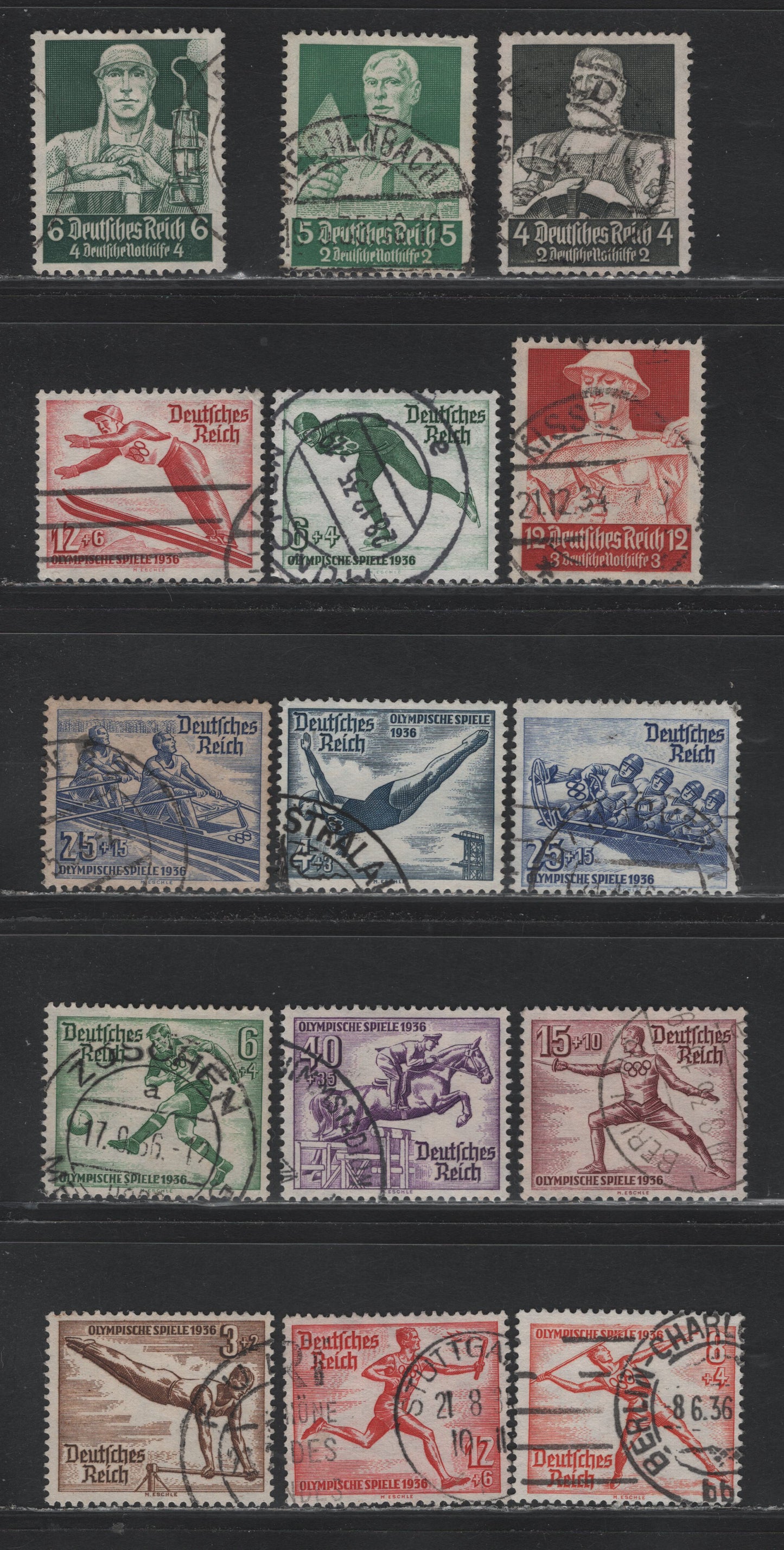 Lot 198 Germany SC#B60-B62, B64, B79-B89 (557/561, 600x-602x, 609-616) 4pf+2pf - 40pf+35pf Black - Violet , 1934-1936 Professions - Summer Olympic Games Semi Postal Issues, 15 Fine/Very Fine Used Singles, B80 Has A Light Crease In UR