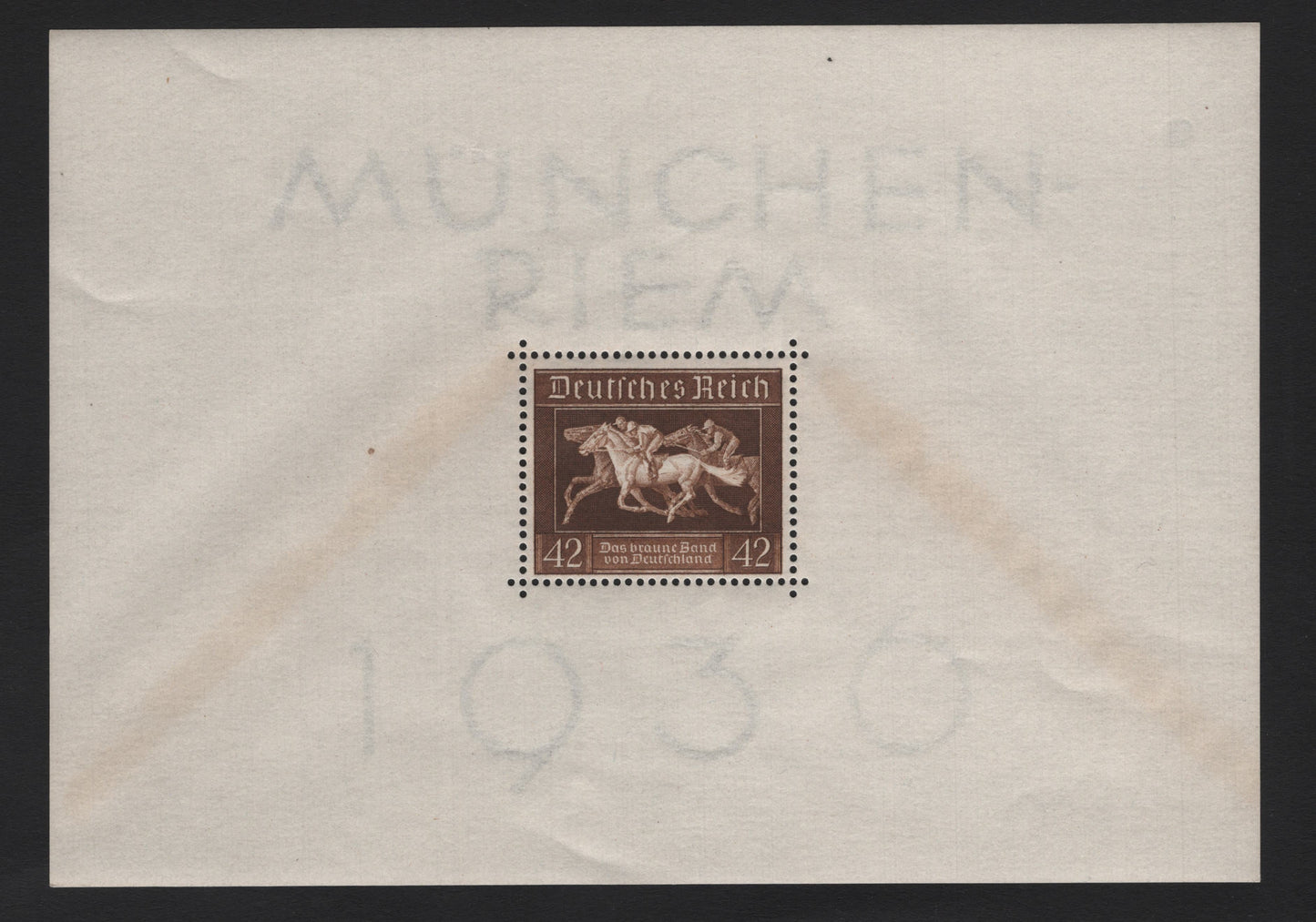 Lot 200 Germany SC#B90var 42pf Brown , 1936 Brown Ribbon Race Issue, A VFNH Souvenir Sheetlet Of 1, As Lot 199, But Watermark Contains In Large Period After 'Monchen"