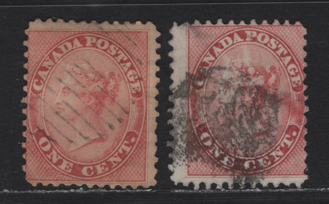 Lot 2 (C) Canada #14, 14viii 1c Rose Queen Victoria, 1859-1864 First Cents Issue, 2 Good Used Singles, Perfs 12x11.75 & 12, Unchecked As To Exact Paper Types, One Is Faily Thick Opaque Vertical Wove, Other Is Medium Vertical Opaque Wove.