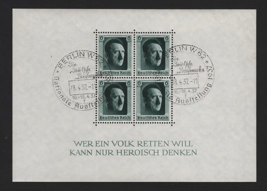 Lot 202 Germany SC#B102 (Block7) 6pf Blackish Blue Green, 1937 48th Birthday Of Hitler Issue, A VFNH CTO Souvenir Sheet, Sonderstempel (special Postmark) For Berlin W62, Full NH Gum