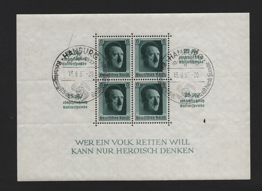 Lot 208 Germany SC#B104 (Block 9) 6pf Blackish Blue Green, 1937 Culture Issue, A Very Fine Used Souvenir Sheet, Sonderstempel (Special Postmark) For Hamberg