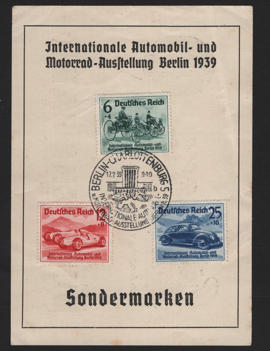 Lot 211 Germany SC#B134-136 (686-688) 6pf+4pf - 25pf+10pf Dark Green - Deep Blue, 1939 Berlin Automobile & Motorcycle Exhibition Issue, 3 Fine Used Souvenir Cards, Deutsche Bank Souvenir Card Containing Full Set