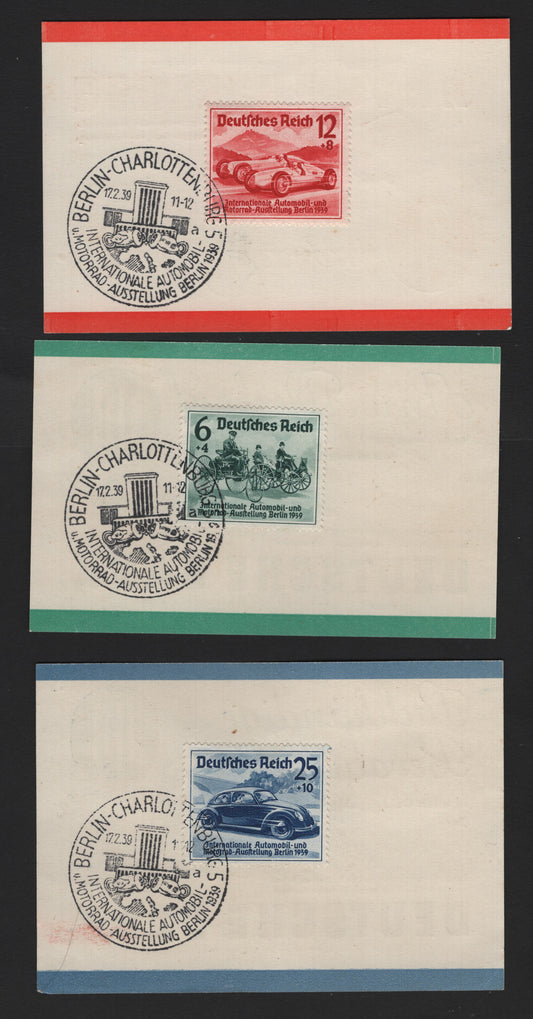 Lot 212 Germany SC#B134-136 (686-688) 6pf+4pf - 25pf+10pf Dark Green - Deep Blue, 1939 Berlin Automobile & Motorcycle Exhibition Issue, 3 Very Fine Used Souvenir Cards, Deutsche Bank or Dresdener Bank
