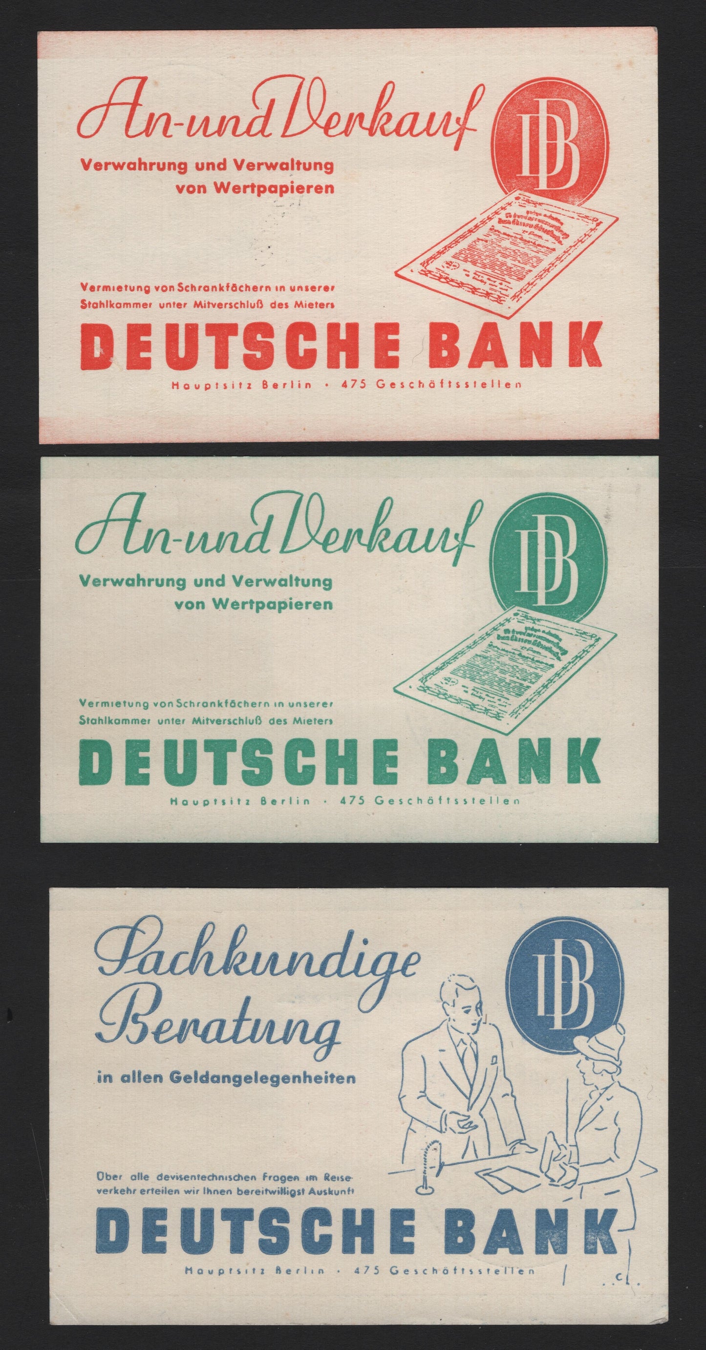 Lot 212 Germany SC#B134-136 (686-688) 6pf+4pf - 25pf+10pf Dark Green - Deep Blue , 1939 Berlin Automobile & Motorcycle Exhibition Issue, 3 Very Fine Used Souvenir Cards, Deutsche Bank or Dresdener Bank