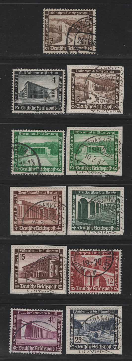 Lot 213 Germany SC#B93-B101 (634y-642y) 3pf+2pf - 40pf+35pf Black Brown - Rose Violet, 1936 Landmarks/Architecture Semi Postal Issue, 11 Fine/Very Fine Used Singles, Complete Set With Additional Shades of The 3pf+2pf & 5pf+3pf Bright Green