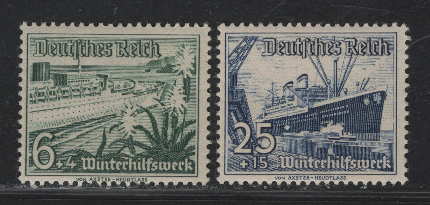 Lot 219 Germany SC#B110, B114 (654, 658) 6pf+4pf - 25pf+15pf Blue Green - Deep Ultramarine , 1937 Winter Aid Semi Postal Issue, 2 FNH Singles, Depicting Ships