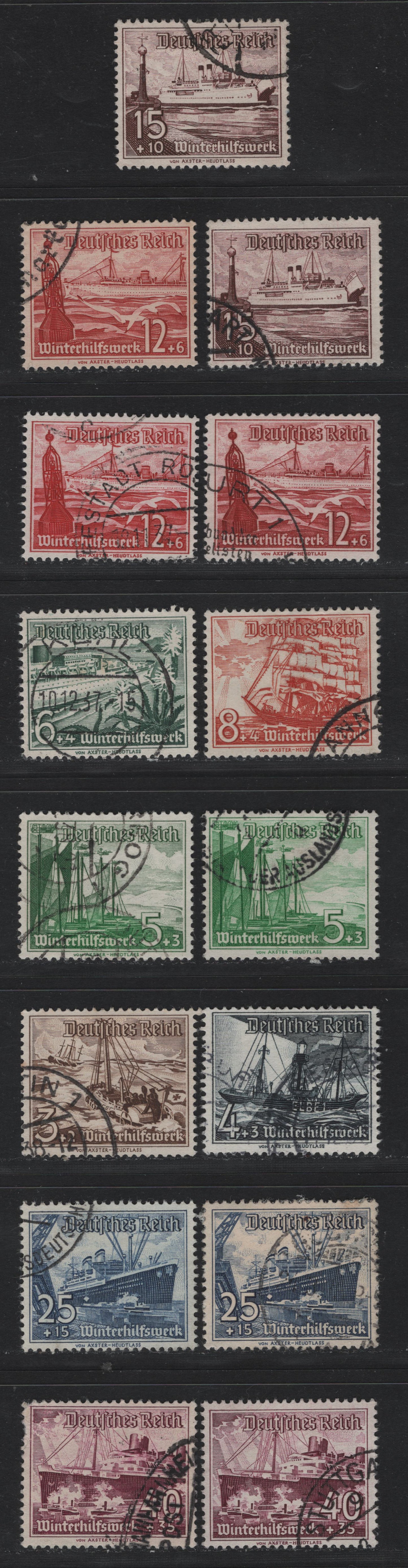 Lot 220 Germany SC#B107-B115 (651-659y) 3pf+2pf - 40pf+35pf Dark Brown - Rose Violet , 1937 Winter Aid Semi Postal Issue, 15 Fine/Very Fine Used Singles, Extra Shade Varieties of Most Values
