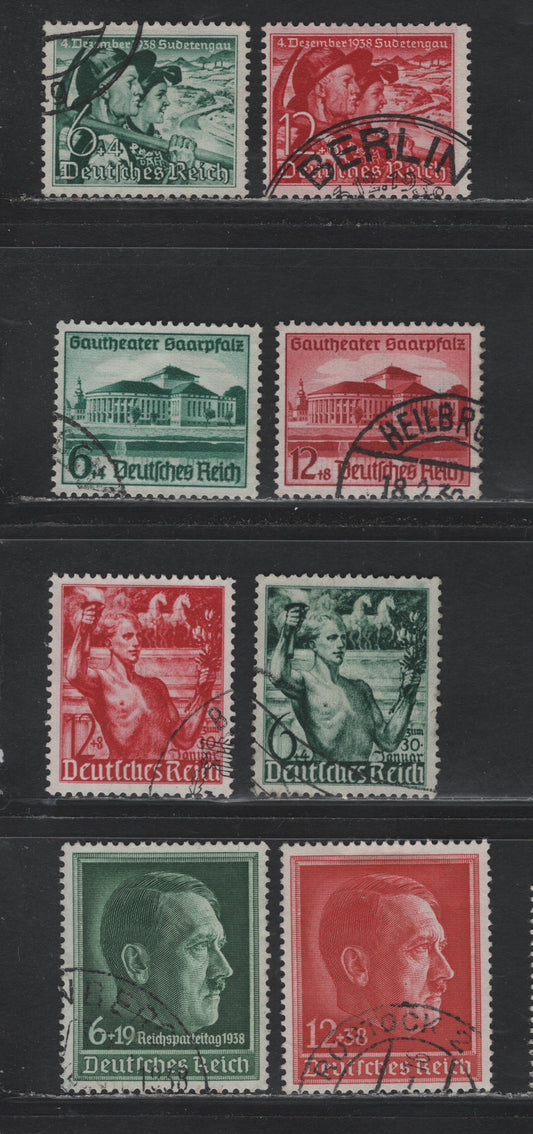 Lot 222 Germany SC#B116-B118, B120-B122, B132-B133 (660/685) 6pf+4pf - 12pf+8pf Deep Bluish Green - Dark Carmine, 1938 5th Anniv of Assumption of Power - Annexation of Sudetenland Issues, 8 Fine/Very Fine Used Singles