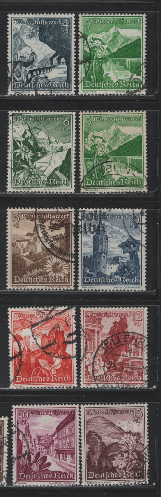 Lot 224 Germany SC#B123-B131 (675-683) 3pf+2pf - 40pf+35pf Olive Brown - Plum, 1938 Winter Aid Semi Postal Issue, 10 Fine/Very Fine Used Singles, Includes 2 Shades of 5pf+3pf