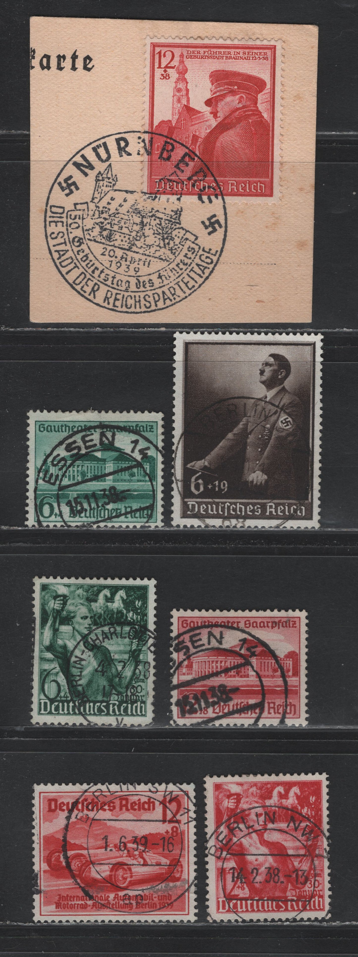 Lot 225 Germany SC#B116/B140 (660/694) 6pf+4pf - 6pf+19pf Dark Green - Black Brown , 1938-1939 5th Anniv of Assumption of Power - Day of National Labour Issue, 7 Very Fine Used Singles, SON Berhn, Nuremburg Or Essen Cancels