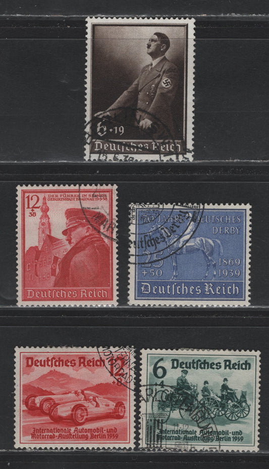 Lot 226 Germany SC#B134-B135, B137, B140, B144 (686-687, 691, 694, 698) 6pf+4pf - 25pf+50pf Dark Green - Ultramarine, 1939 Berlin Automobile & Motorcycle Exhibition - 70th Anniv of German Derby Issues, 5 Very Fine Used Singles