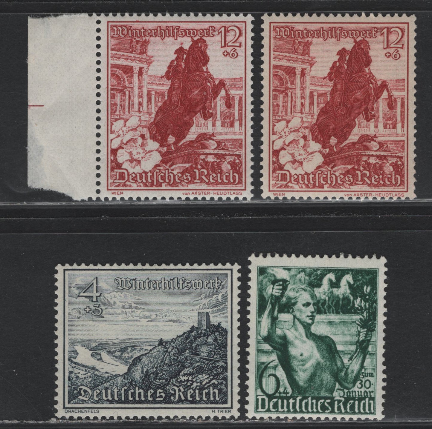 Lot 228 Germany SC#B116, B128, B165 (660, 680, 731y) 6pf+4pf - 12pf+8pf Dark Green - Dark Carmine , 1938-1939 Assumption of Power - Winter Help Issues, 3 VFNH Singles