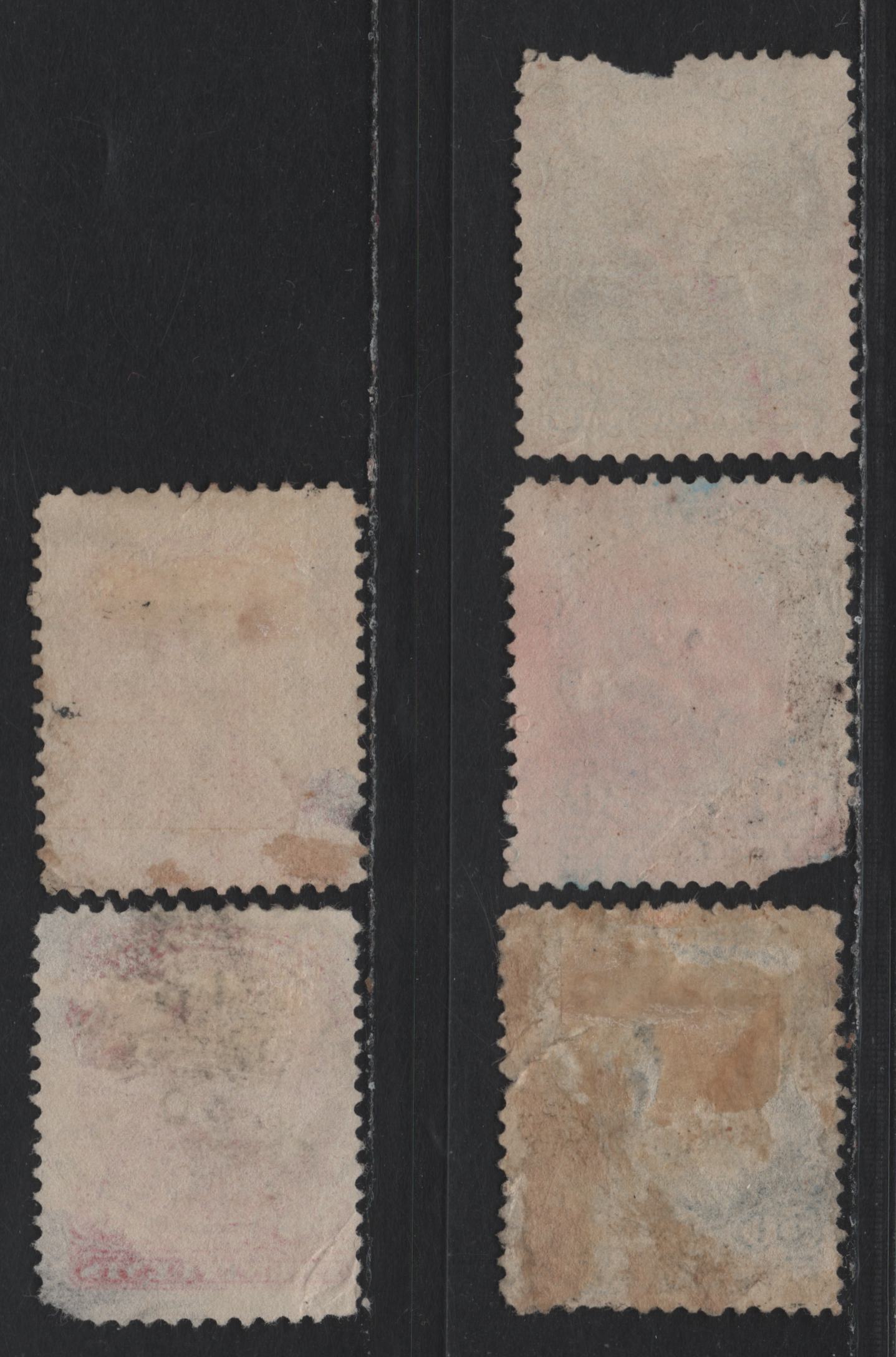 Lot 23 (C) Canada #46-47 20c - 50c Vermillion - Blue Queen Victoria, 1870-1893 Small Queen Issue, 5 Ungraded Used Singles, Faulty Examples, Ideal For Studying The Paper Types, Moderate To Severe Faults.