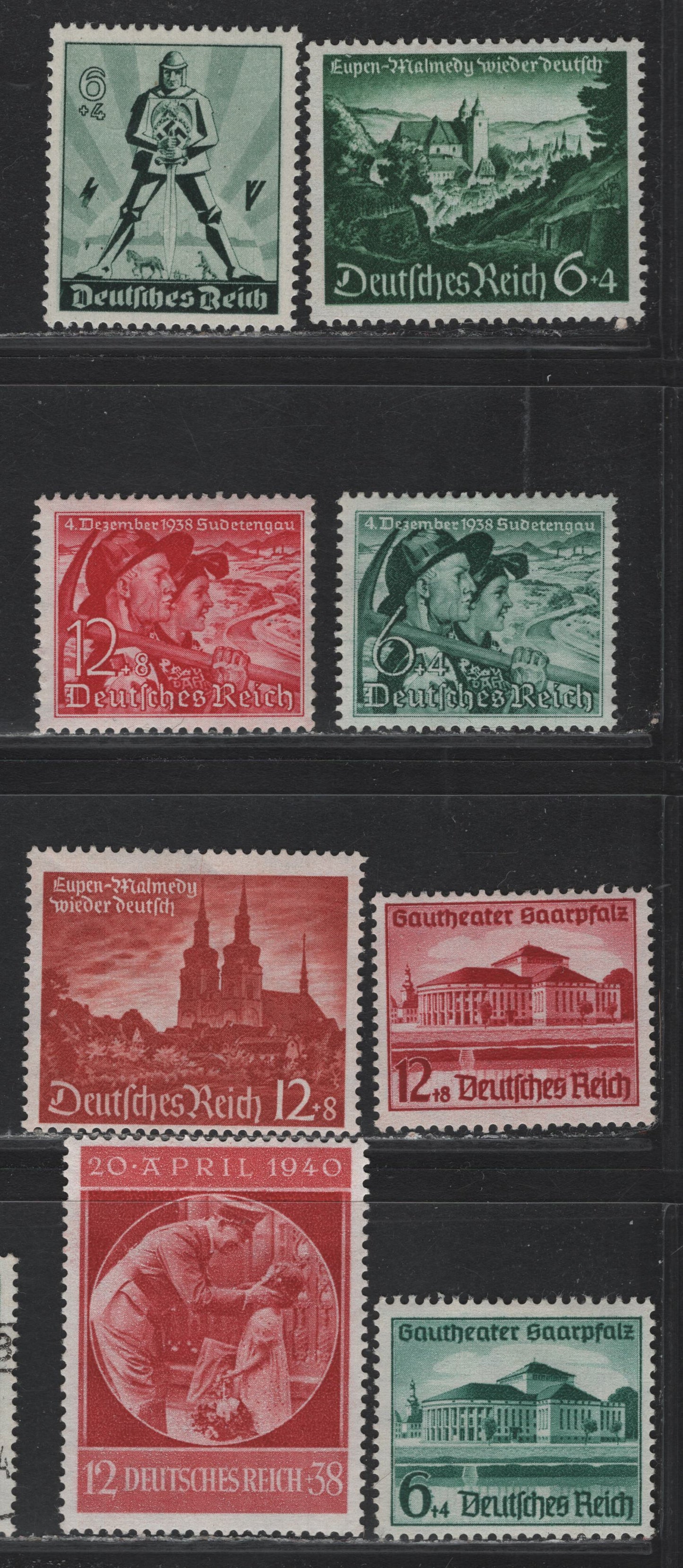 Lot 231 Germany SC#B121-B122, B132-B133, B170-B171, B174-B175 (673-674, 684y-685, 744-745, 748-749) 6pf+4pf - 12pf+8pf Blue Green - Orange Red , 1938-1940 Inauguration of Saarbrucken Theater - Reunion of Eupen & Malmedy Issues, 8 F/VFOG Singles