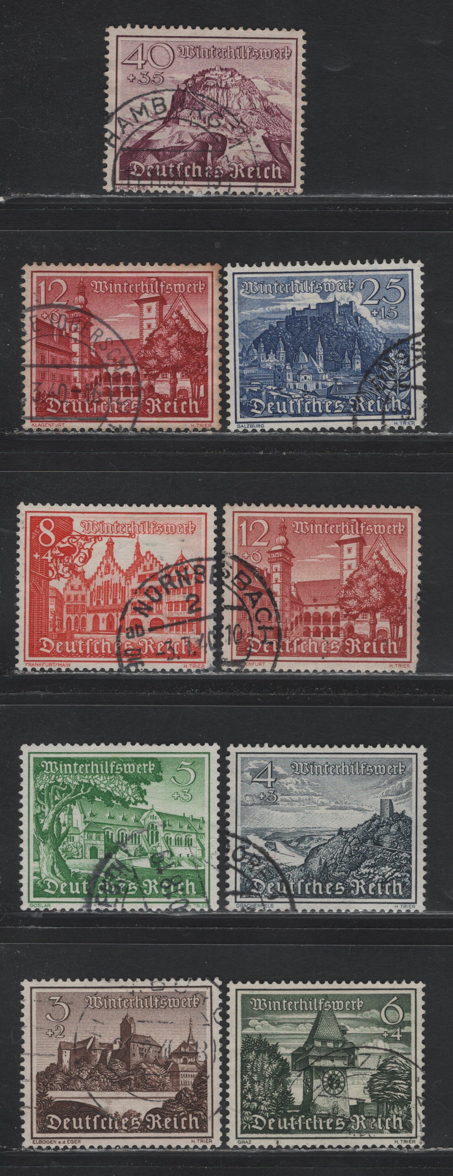 Lot 233 Germany SC#B160/B168 (730y-735x-y, 737y-738y) 3pf+2pf - 40pf+35pf Dark Brown - Rose Violet , 1939 Winter Help Semi Postal Issue, 9 Very Fine Used Singles