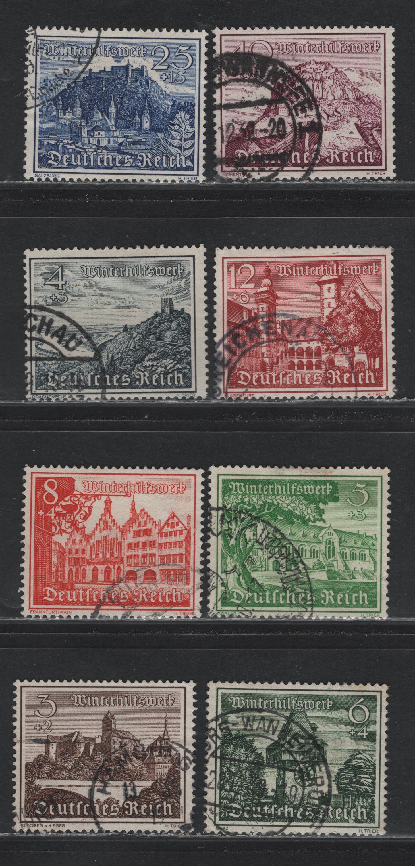 Lot 234 Germany SC#B160/B168 (730y-735x-y, 737y-738y) 3pf+2pf - 40pf+35pf Dark Brown - Rose Violet , 1939 Winter Help Semi Postal Issue, 8 Fine Used Singles, As Lot 233, But Fine