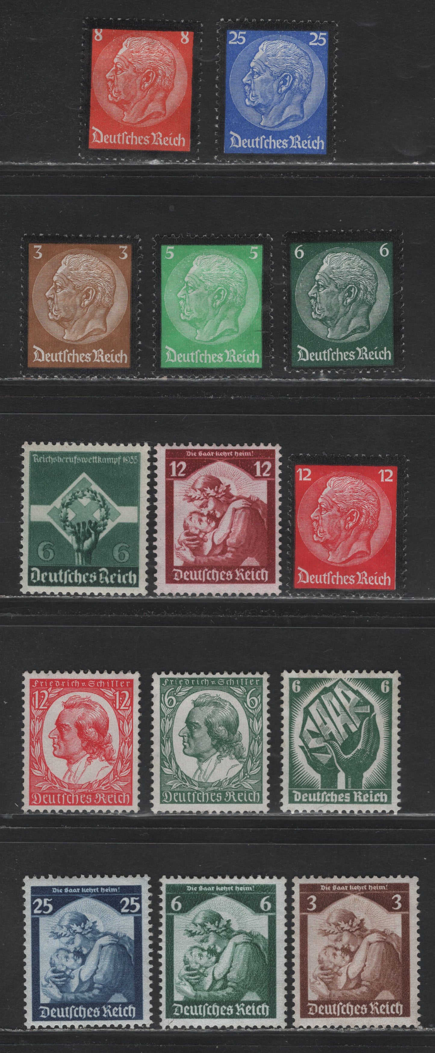 Lot 235 Germany SC#436-441, 444, 446-451, 454 (544/571x) 3pf - 6pf Olive Bistre - Dark Green , 1934-1935 Hindenburg Memorial - Young Workers Professional Competitions Issues, 14 F/VFOG Singles