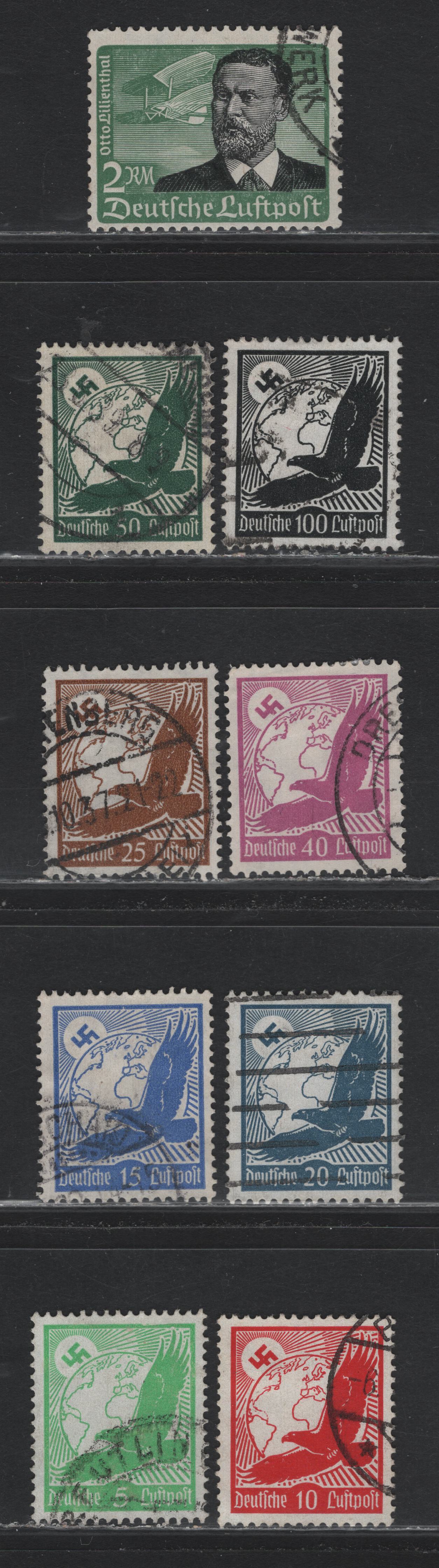 Lot 238 Germany SC#C46-C52, C54-C55 (529x-535x, 537x, 538x) 5pf - 2m Bright Green - Green & Black , 1934 Airmail Issue, 9 Fine/Very Fine Used Singles, Vertical Wove Papers
