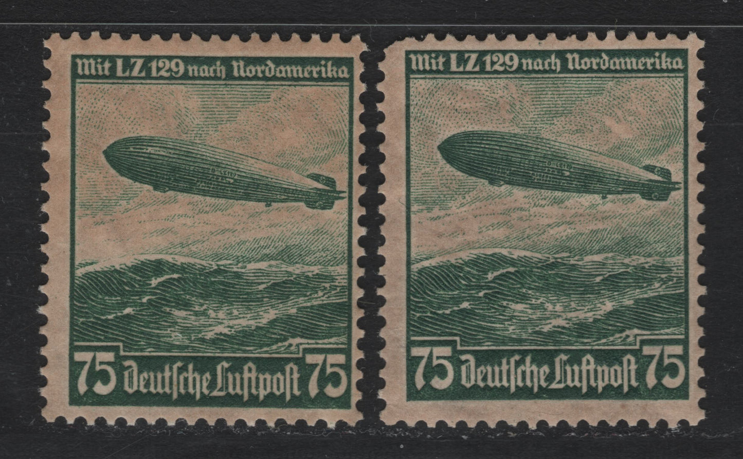 Lot 249 Germany SC#C58 (607x, 607y) 75pf Dull Green , 1934 Airmail Issue, 2 VG/FNH Singles, Wmk Swastika, Upper Hook To The Left & Right, Both With Original Gum Containing Sulphuric Acid.