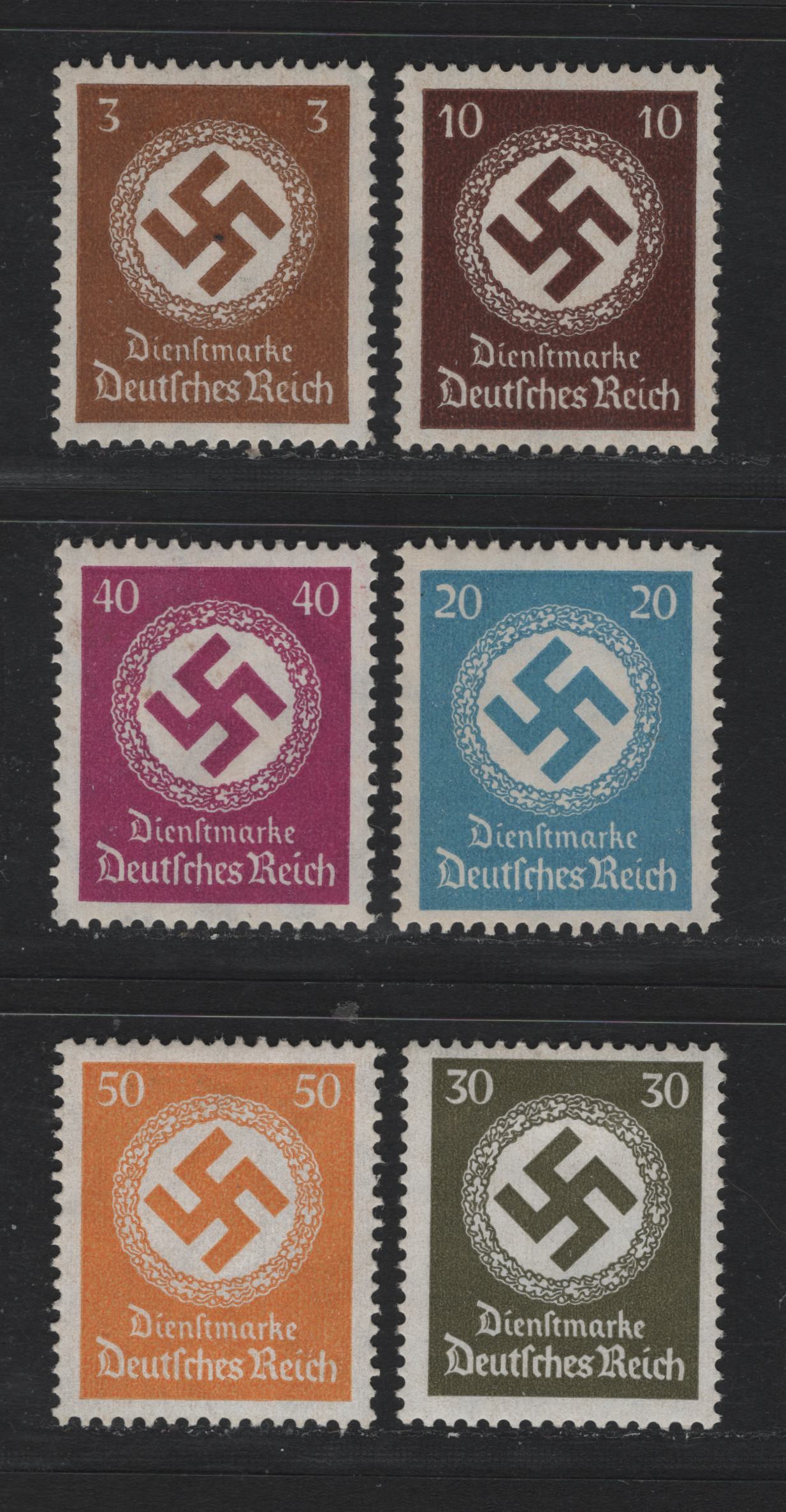 Lot 252 Germany SC#O80, O85, O88-O91 (132/143) 3pf - 50pf Brown - Orange Yellow , 1934 Swastika Design Official Issue, 6 VFOG Singles, Swastika Wmk