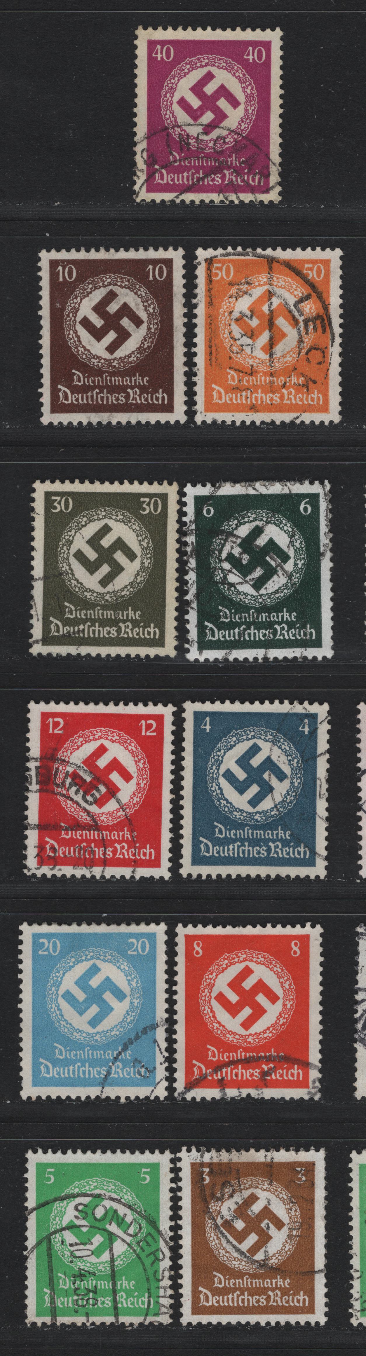 Lot 254 Germany SC#O80-O86, O88-O91 (132-138, 140-143) 3pf - 50pf Bistre Brown - Orange Yellow , 1934 Swastika Design Official Issue, 11 Very Fine Used Singles