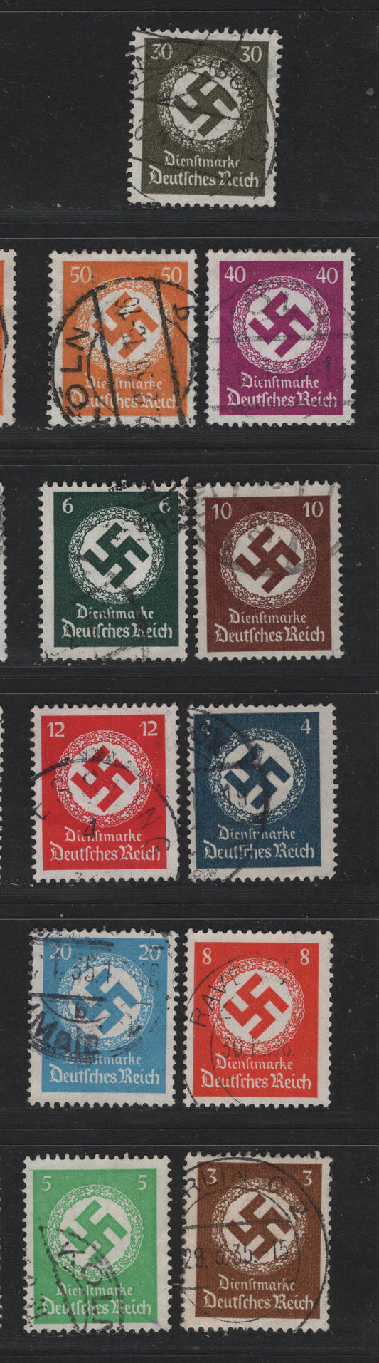 Lot 255 Germany SC#O80-O86, O88-O91 (132-138, 140-143) 3pf - 50pf Bistre Brown - Orange Yellow, 1934 Swastika Design Official Issue, 11 Fine Used Singles, As Lot 254, But Fine