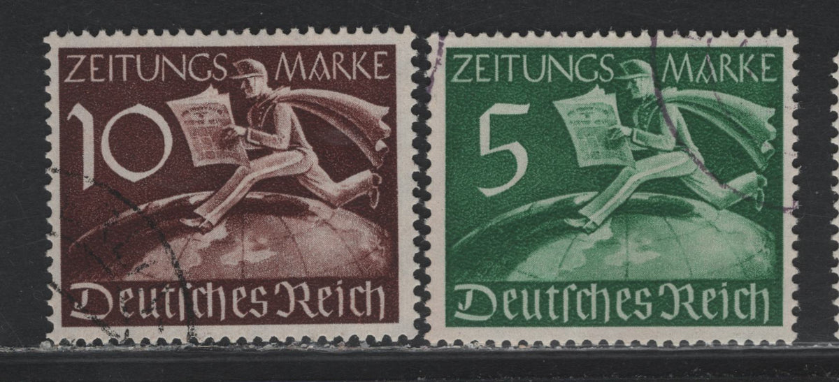 Lot 5 Germany SC#P1-P2 5pf - 10pf Green - Red Brown, 1939 Newspaper Stamps Issue, 2 Very Fine Used Singles, Postally Used
