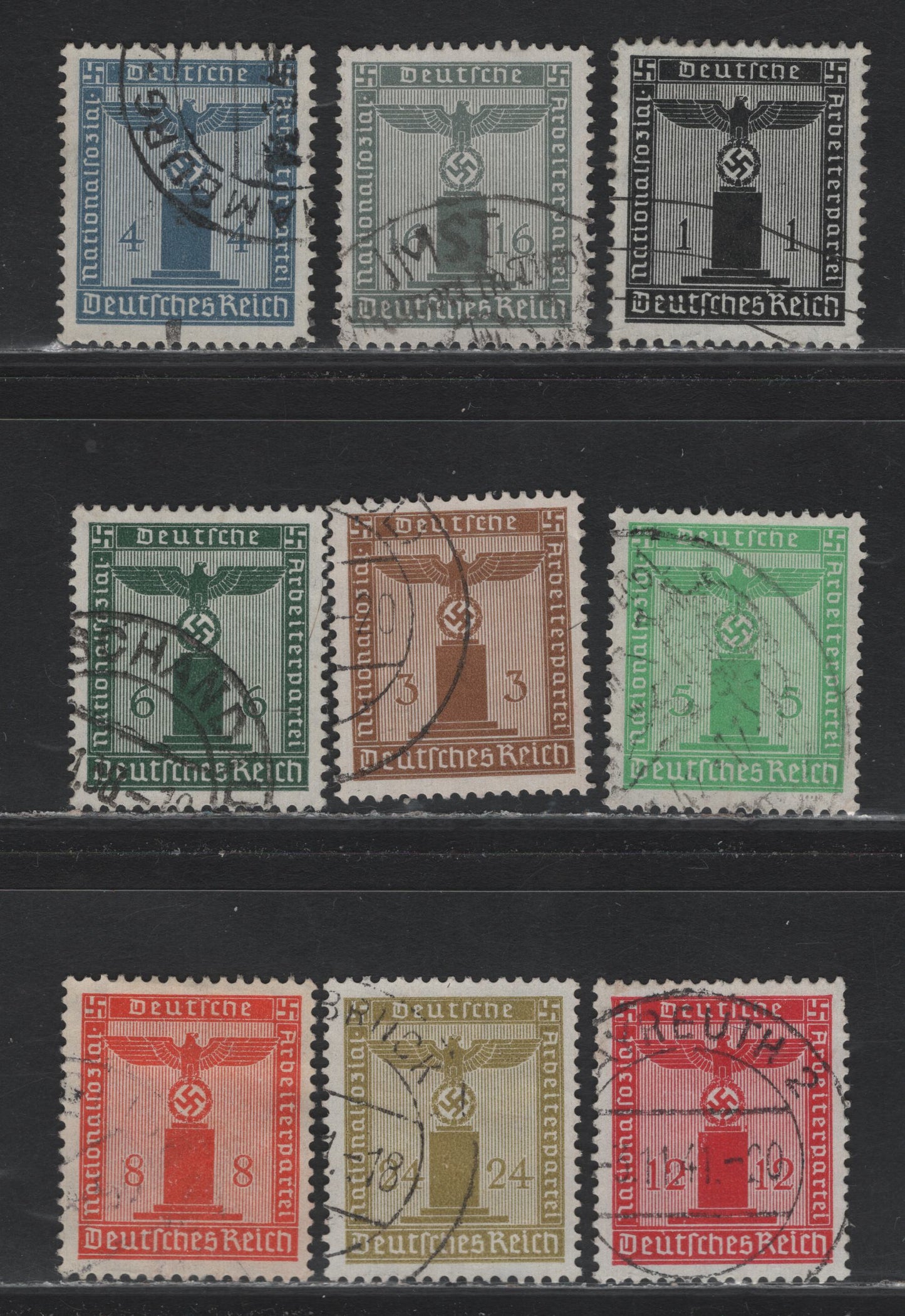 Lot 260 Germany SC#S1-S11 (144-154) 1pf - 24pf Black - Citron , 1938 Franchise Issue, 11 Very Fine Used Singles