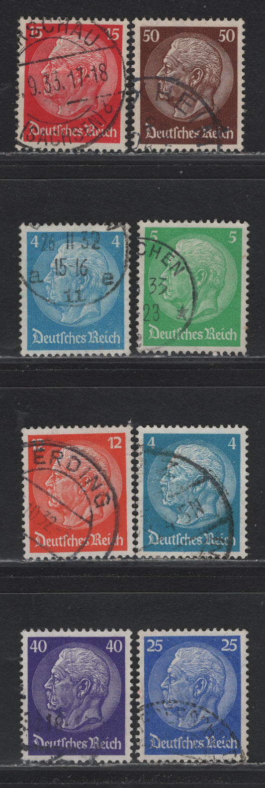 Lot 262 Germany SC#391-397 (467-473) 4pf - 50pf Blue - Dark Brown, 1932 85th Birthday Of Von Hindenburg Issue, 8 Very Fine Used Singles, Includes 2 Shades of 4pf