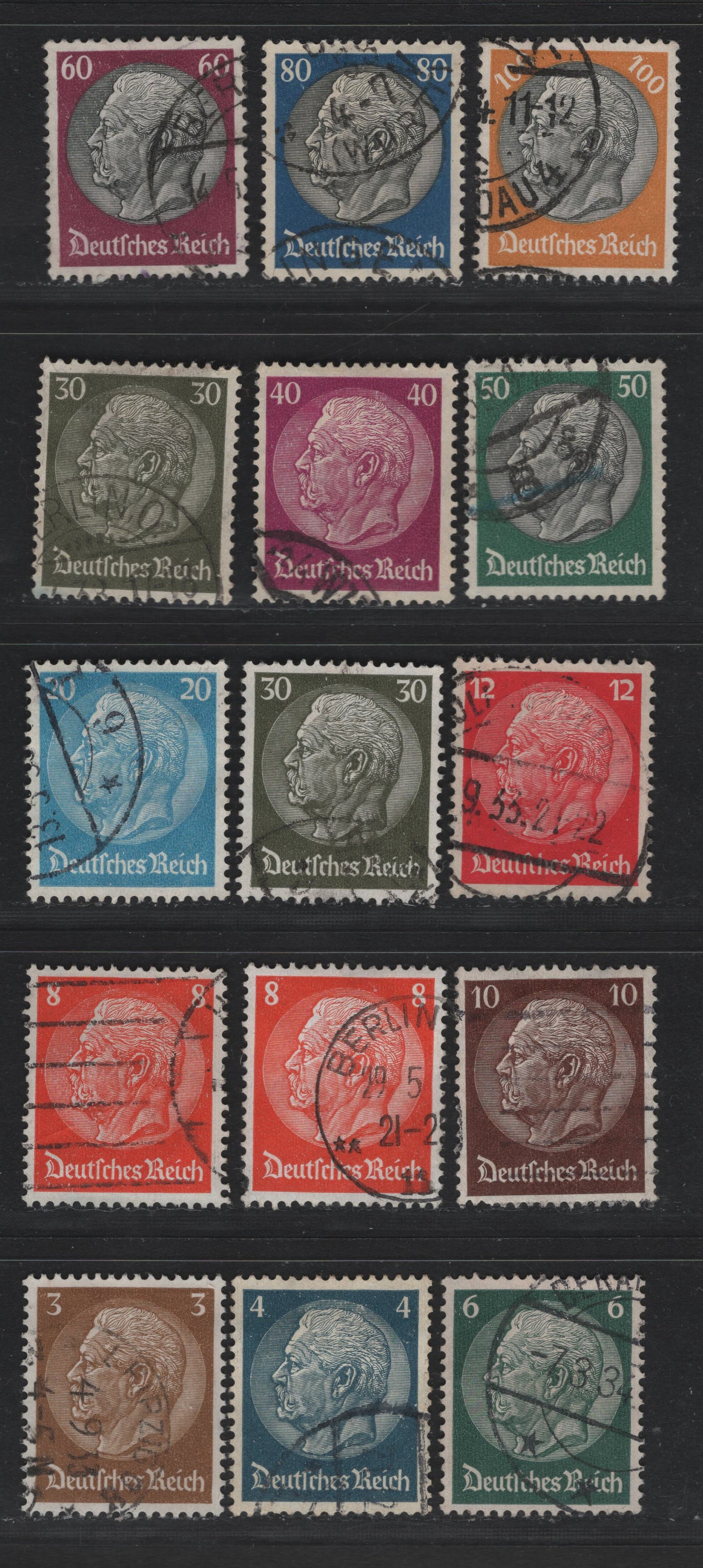 Lot 265 Germany SC#401-406, 408-414 3pf - 100pf Bistre Brown - Orange & Black , 1933 Hindenburg Issue, 15 Very Fine Used Singles, Network Wmk, Near Complete Set, Missing Only 15pf But Including Both Open & Closed 'D' on 8pf.