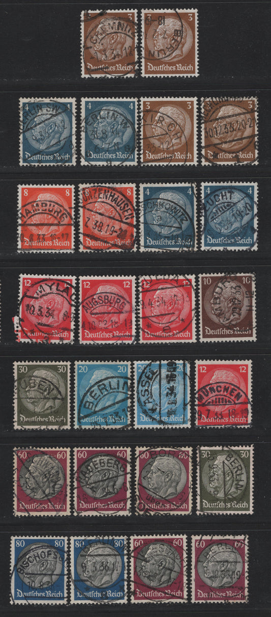 Lot 267 Germany SC#401-403, 405-406, 408-409, 412-413 3pf - 80pf Bistre Brown - Dark Blue & Black, 1933 Hindenburg Issue, 26 Fine/Very Fine Used Singles, Readable Town Cancels