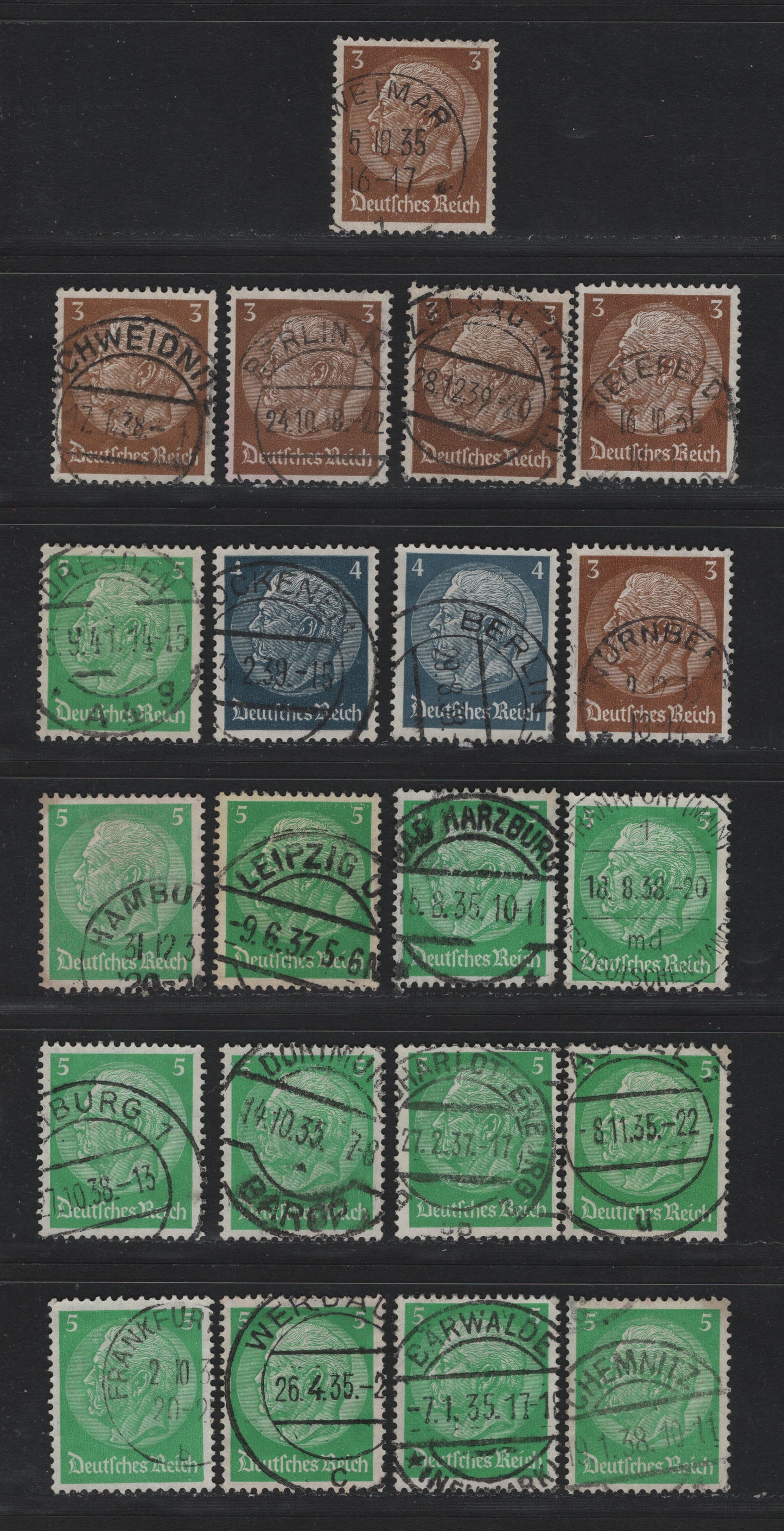 Lot 268 Germany SC#416-418 (513x, 514x, 515x) 3pf - 5pf Bistre Brown - Bright Green , 1933-1936 Hindenburg Issue, 21 Very Fine Used Singles, Swastikas Wmk, Selection of Readable Town Cancels