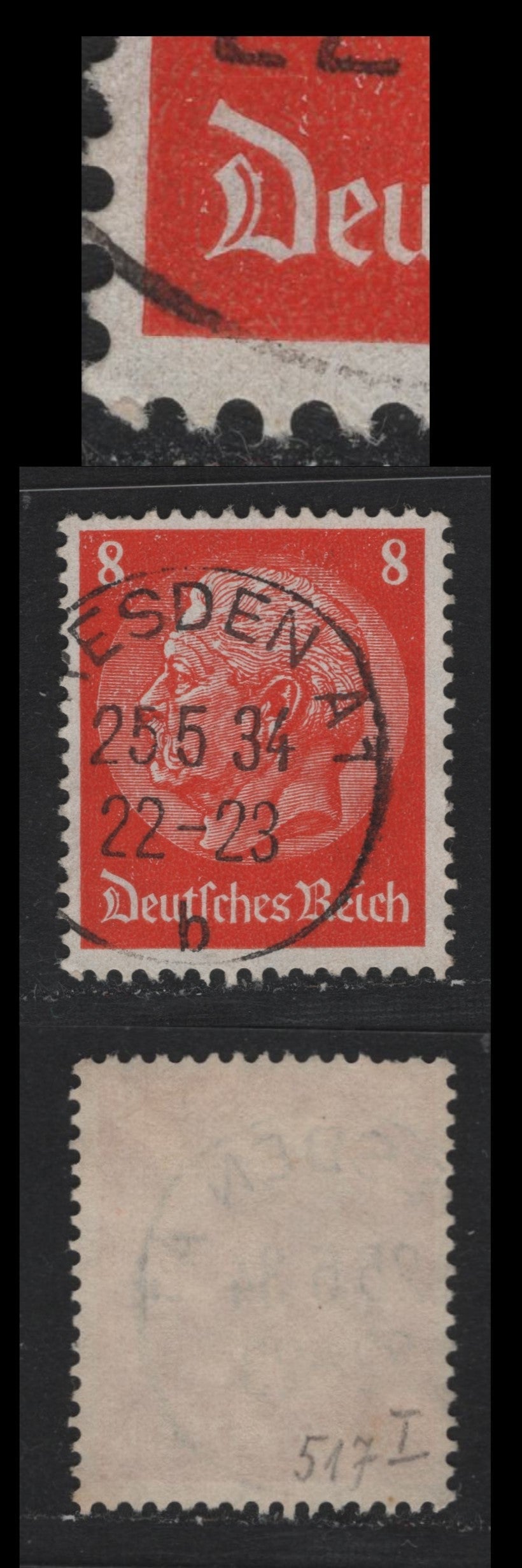 Lot 269 Germany SC#420b (517J) 8pf Deep Orange , 1933-1936 Hindenburg Issue, A Fine Used Single, Open 'D'