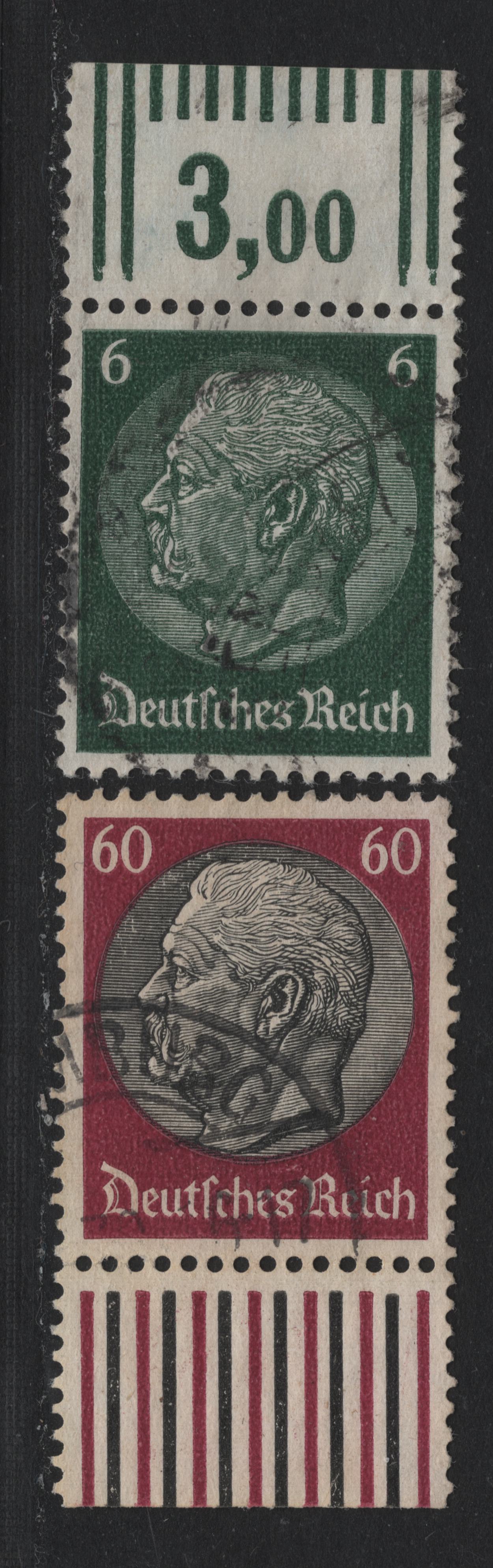 Lot 270 Germany SC#419, 429 (516XPOR, 526xPOR) 6pf - 60pf Dark Green - Claret & Black , 1933-1936 Hindenburg Issue, 2 Very Fine Used Top & Bottom Sheet Margin Singles, Value Counter On Top Sheet Example, Color Bars On Bottom Sheet Example